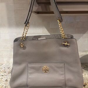 Tory Burch Taupe Pebbled Leather Shoulder Bag with Gold Chain